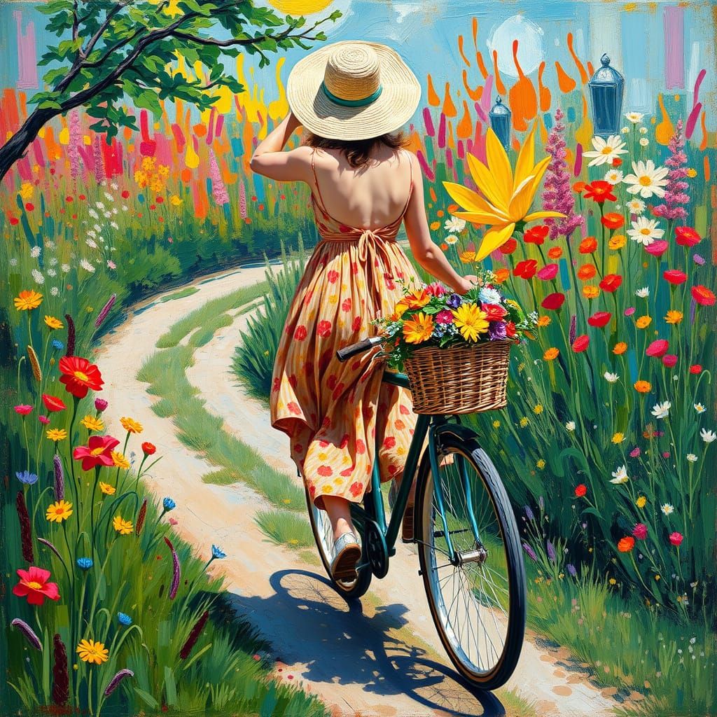 Woman Rides Vintage Bicycle Through Vibrant Spring Landscape