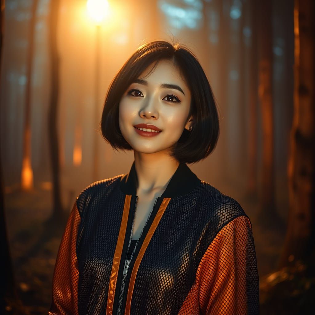 Japanese Woman in Misty Forest, Cinematic HDR Composition