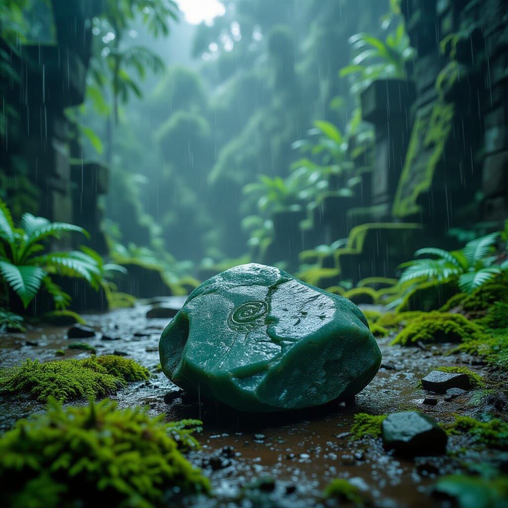 Jade Ore Amidst Mossy Rocks in Heavy Rain, Maya Ruins