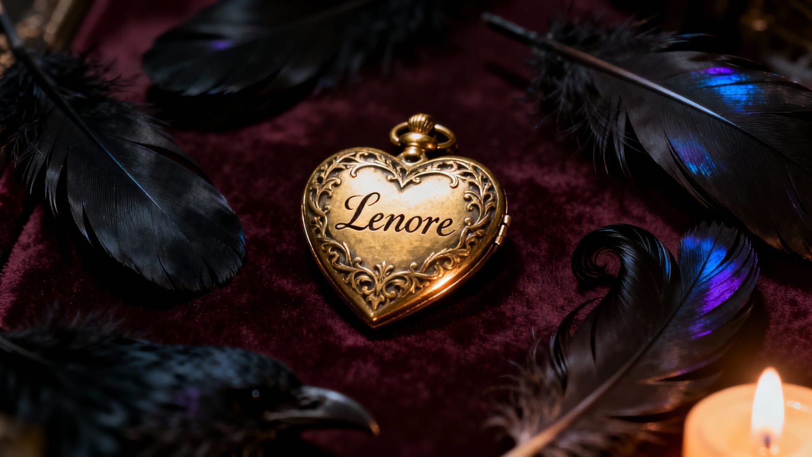 Victorian Gold Locket Engraved Lenore with Raven Feathers