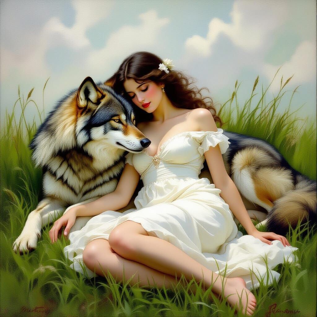 Ethereal Woman and Wolf in Lush Grass