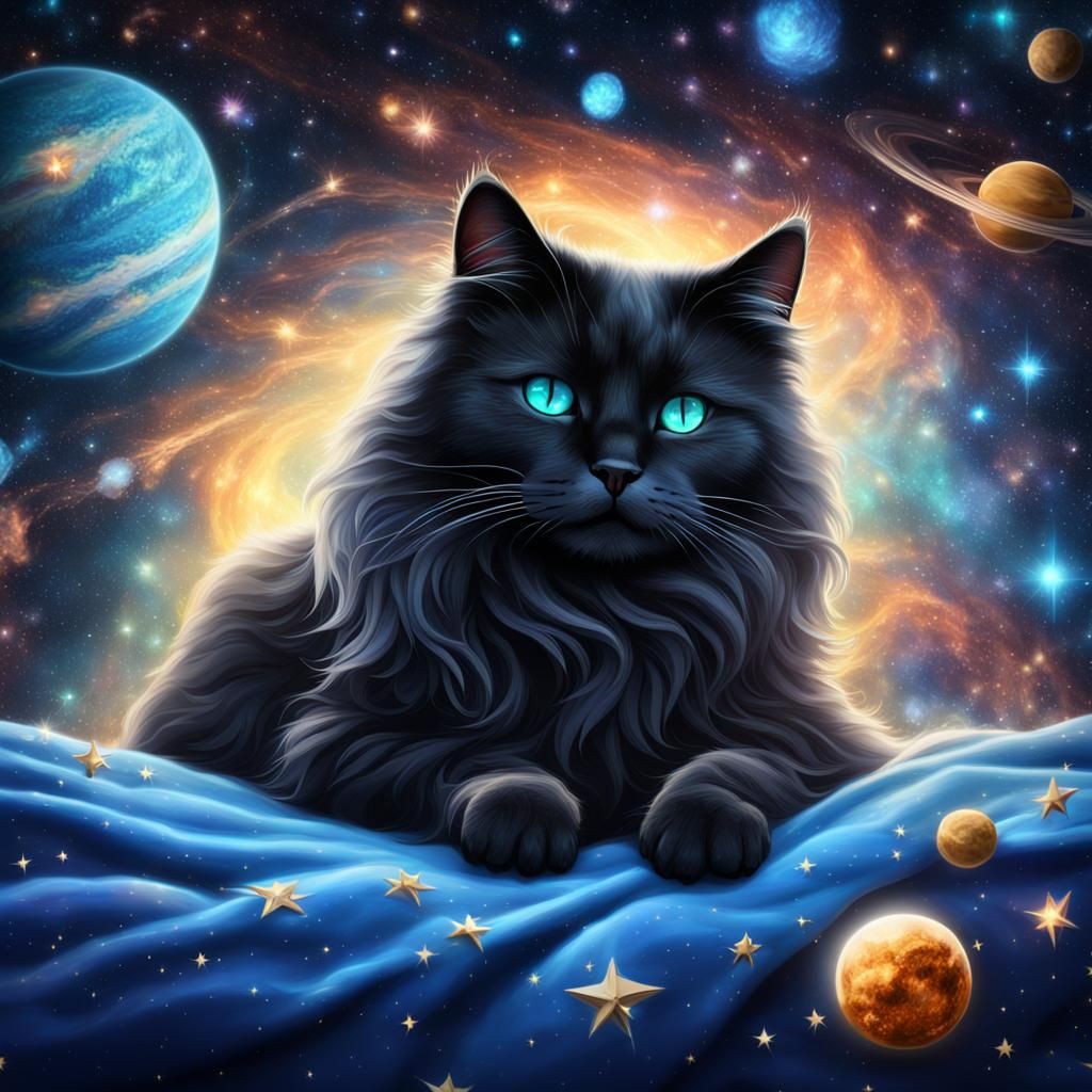 Black Cat Sleeping Among Galaxies in Space