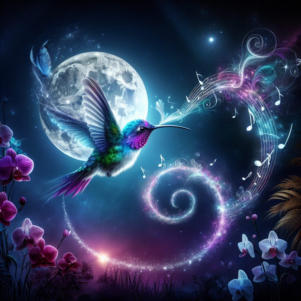 Celestial Hummingbird in Moonlight with Swirling Music