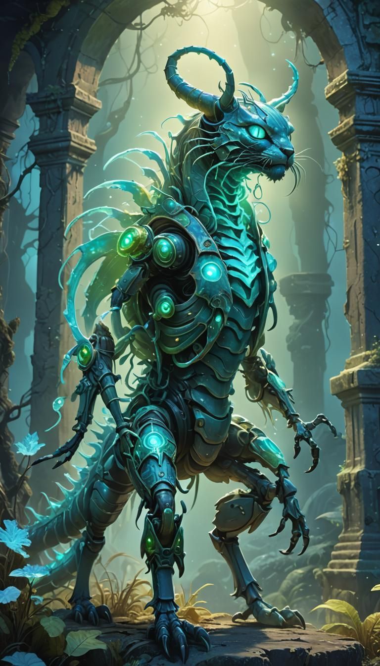 Bioluminescent Cat-Scorpion Fusion in Overgrown Ruins