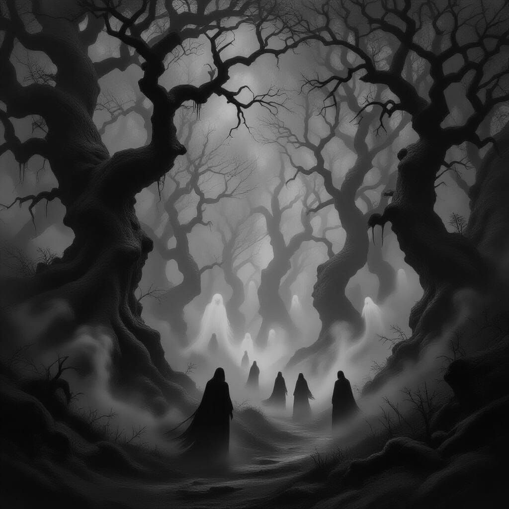 Ethereal Ghosts Fade in Dark Gothic Forest