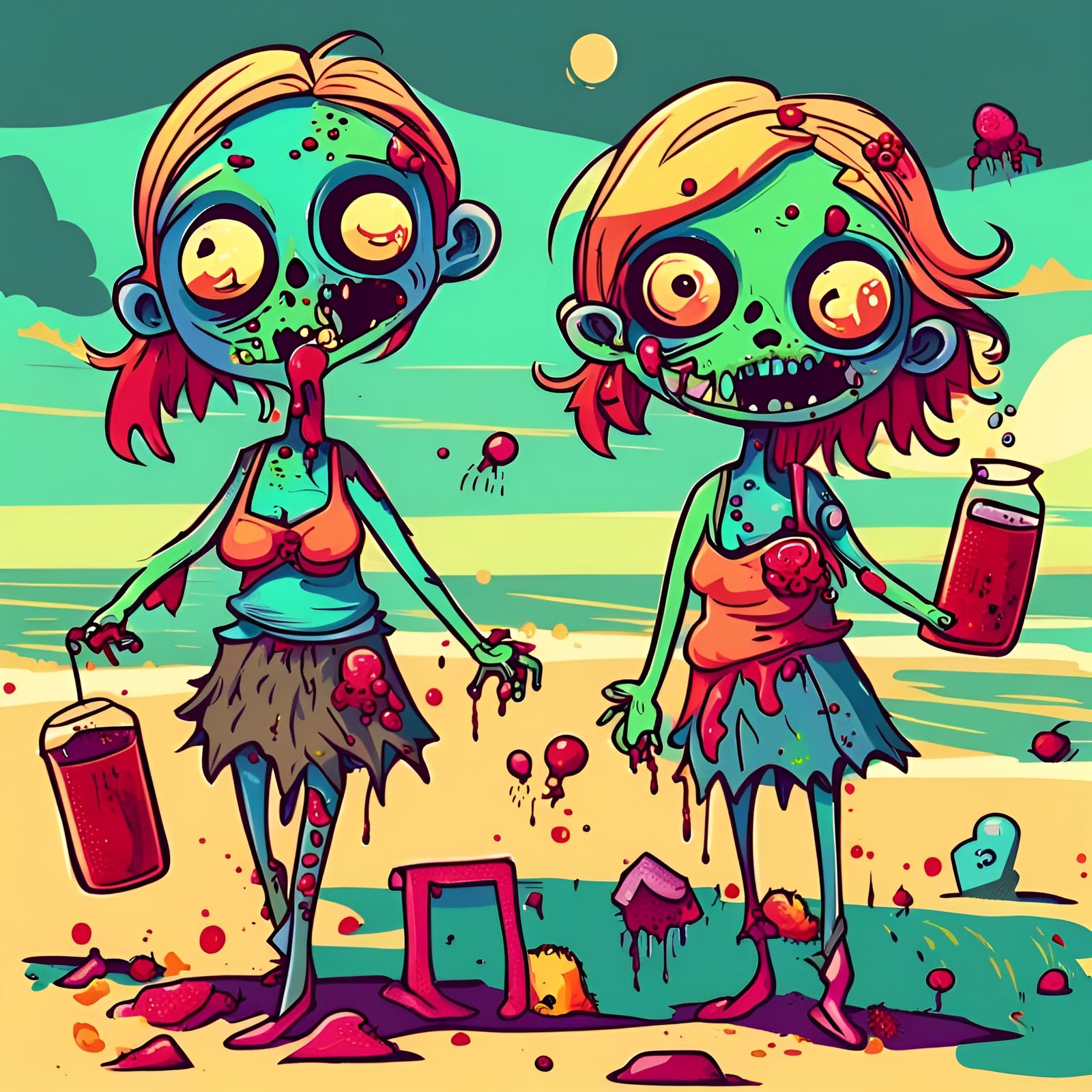 Zombie Girls Beach Party in Cartoon Style