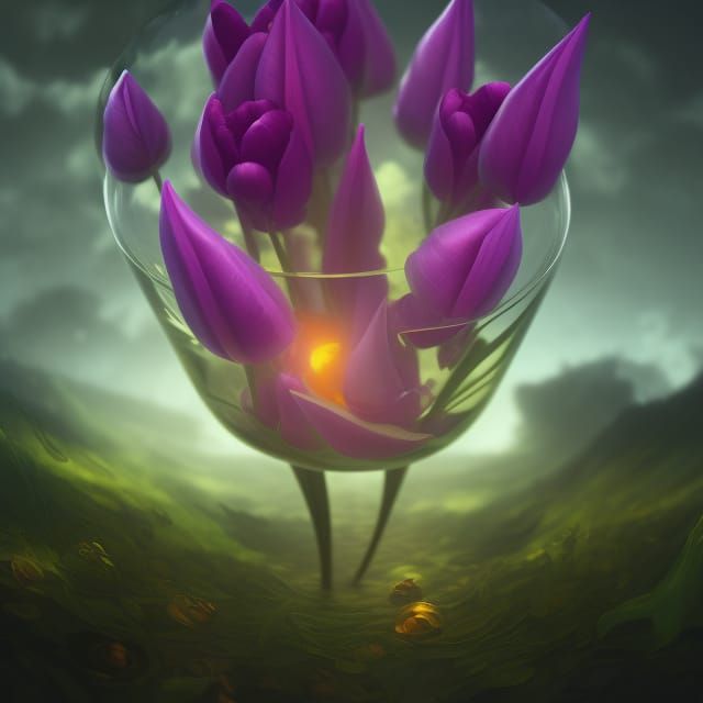 Luminous Tulip in Glass Cloche: Photorealistic Fantasy Art