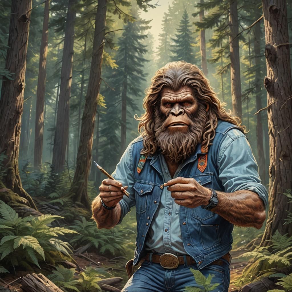 Hippie Bigfoot Rolling a Joint: Hyperrealistic Splash Art