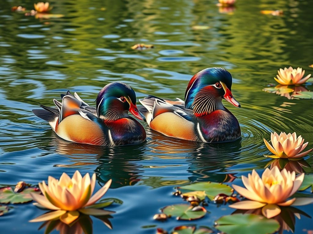 Hyperrealistic Mandarin Duck Couple in Serene Lake Setting