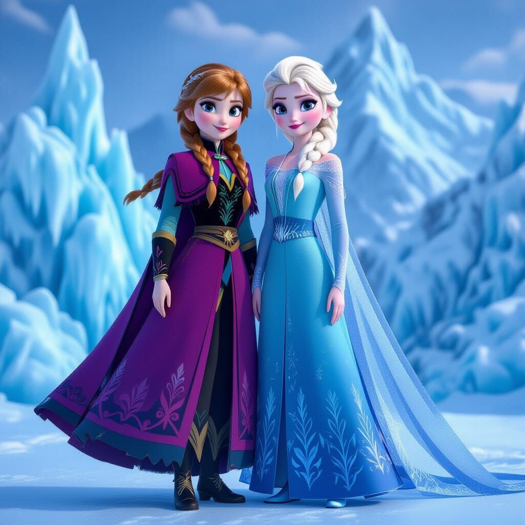Anna and Elsa in Icy Kingdom, 3D Anime Art Style