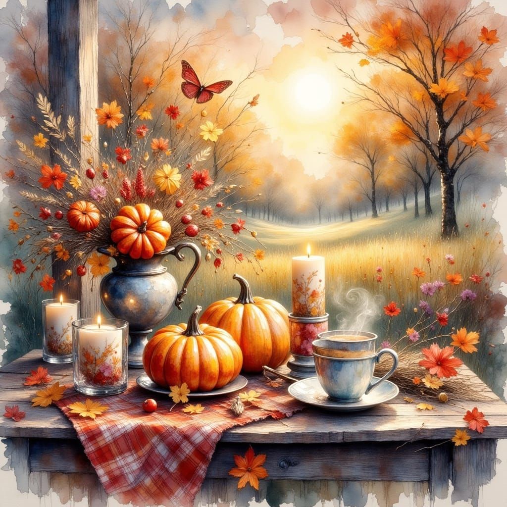Ethereal Watercolor Autumn Still Life with Plaid Pumpkin