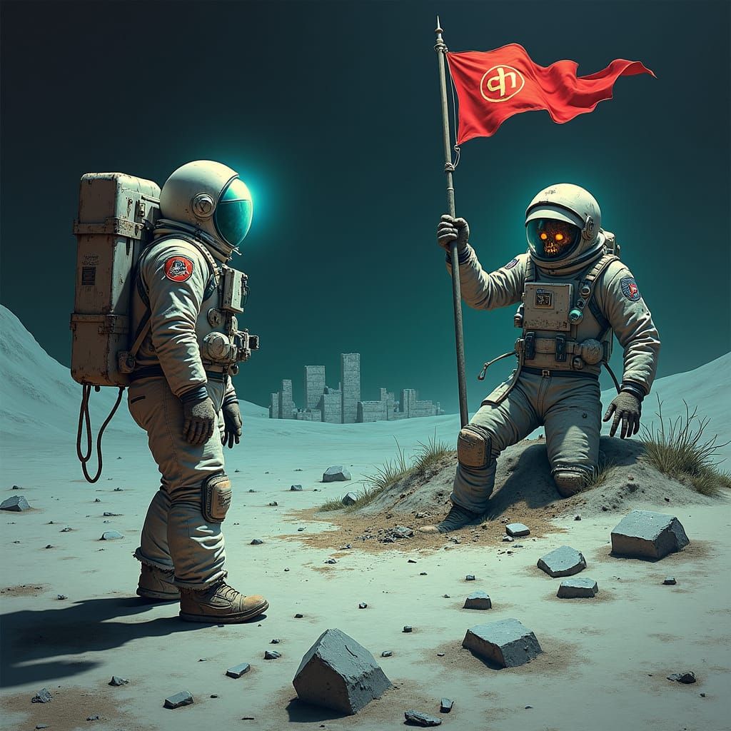 Halloween Astronauts Explore Lunar Ruins in Horror Style