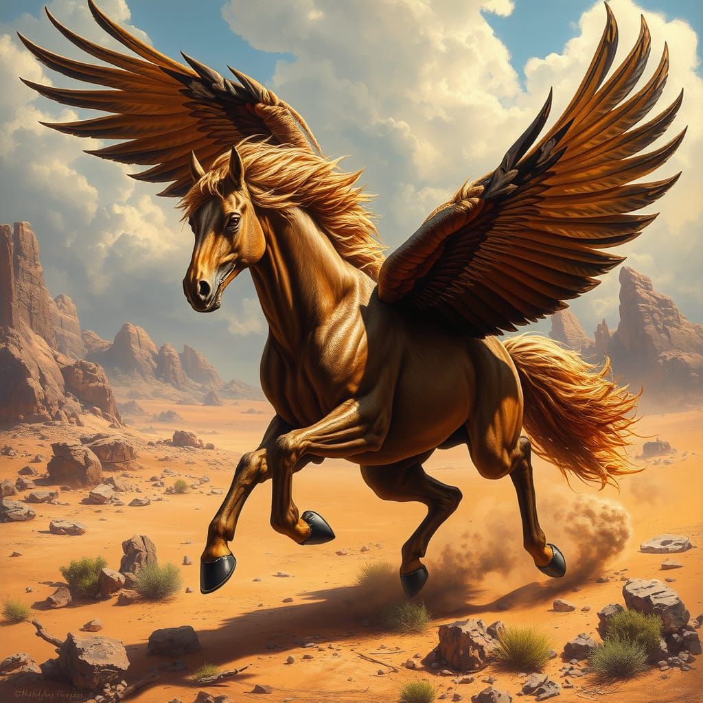 Majestic Chimera Gallops Across Golden Terrain