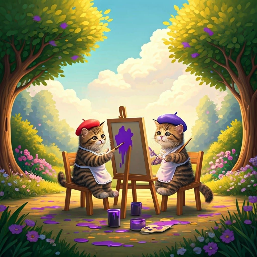 Whimsical Cats Paint Each Other in a Sunny Garden