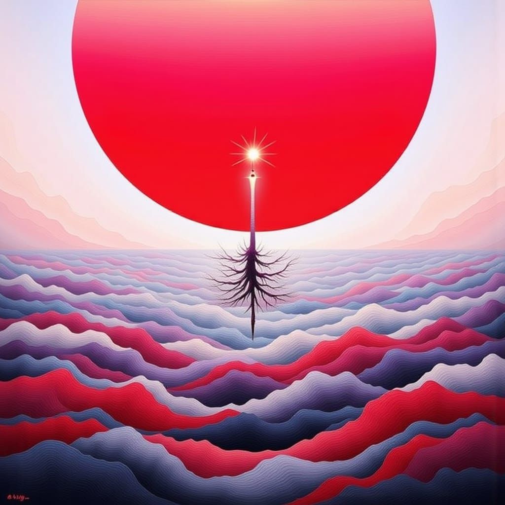 Pink Sun Landscape with Flowing Colors