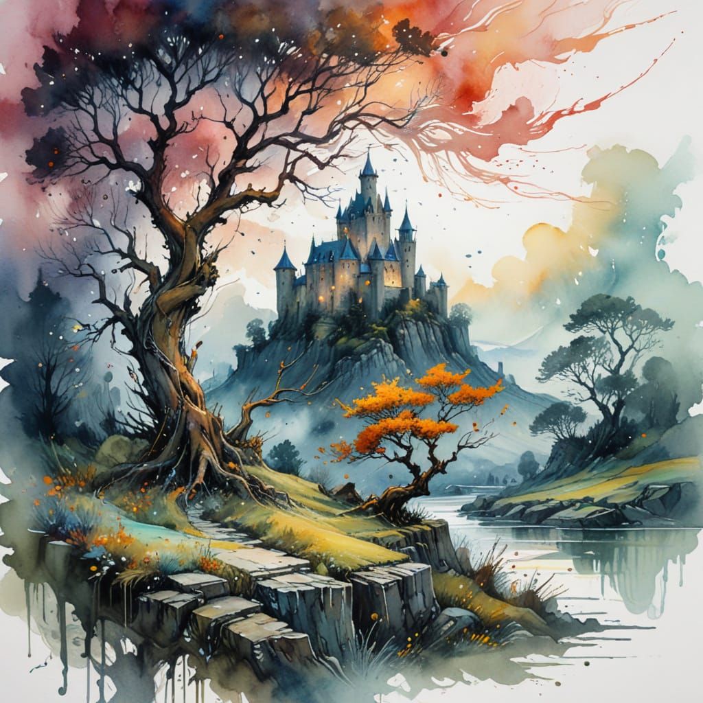 Twilight Moorland Castle in Whimsical Watercolor Style