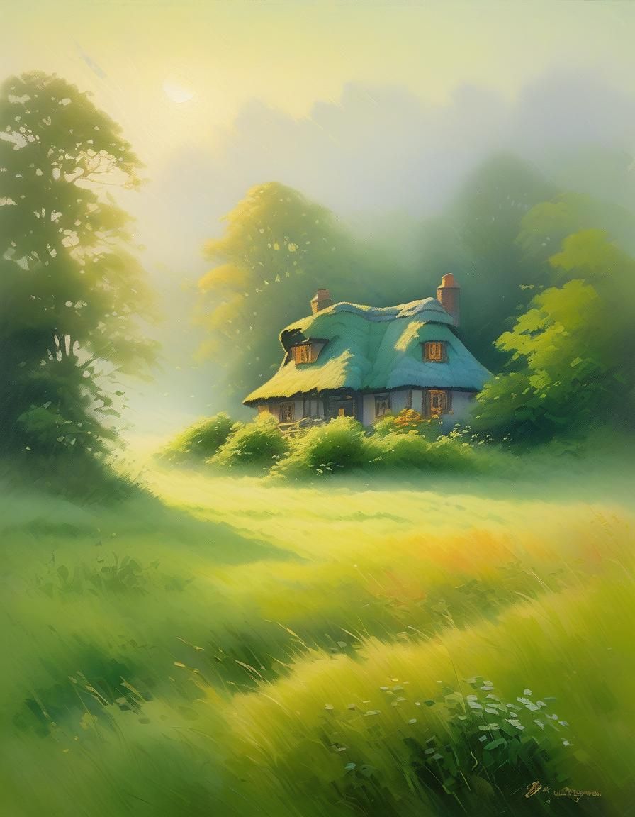 Vibrant Painting of Foggy Summer Morning Landscape