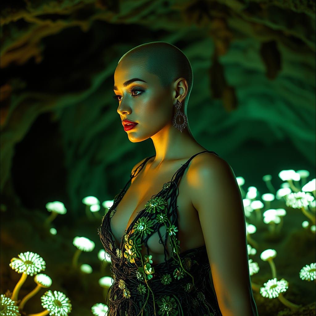 Confident Curvy Model Walks Through Bioluminescent Cave Syst...