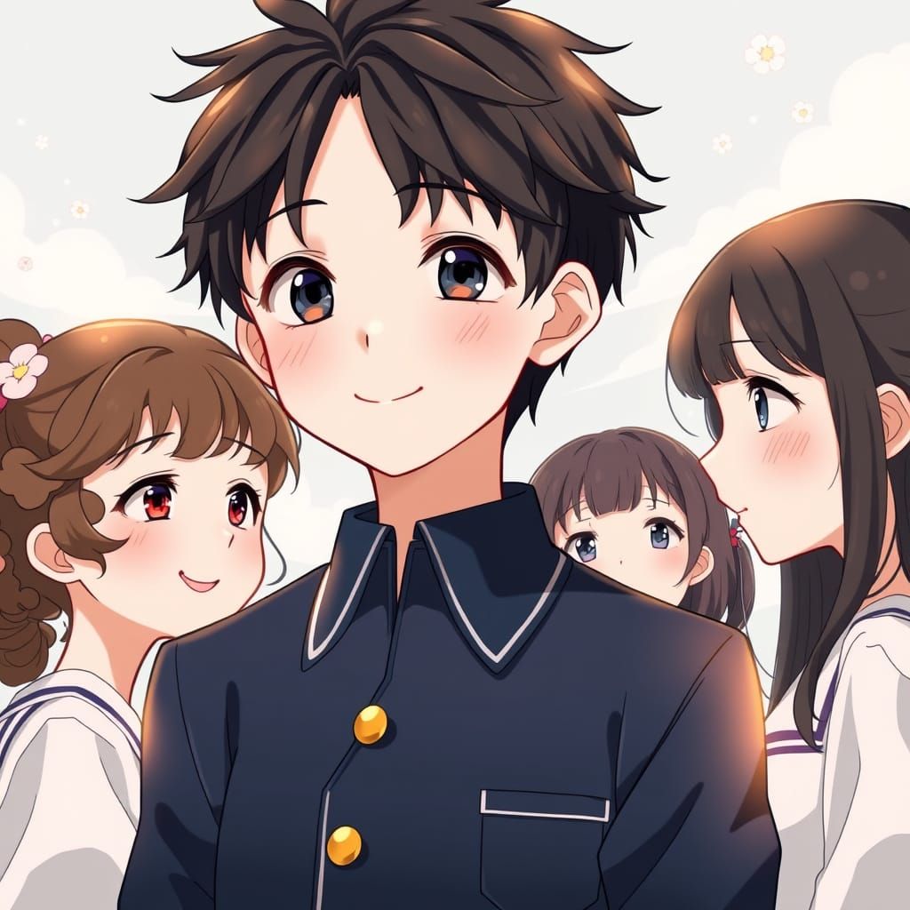 Anime-Inspired Teenage Boy Surrounded by Adoring Girls in a ...