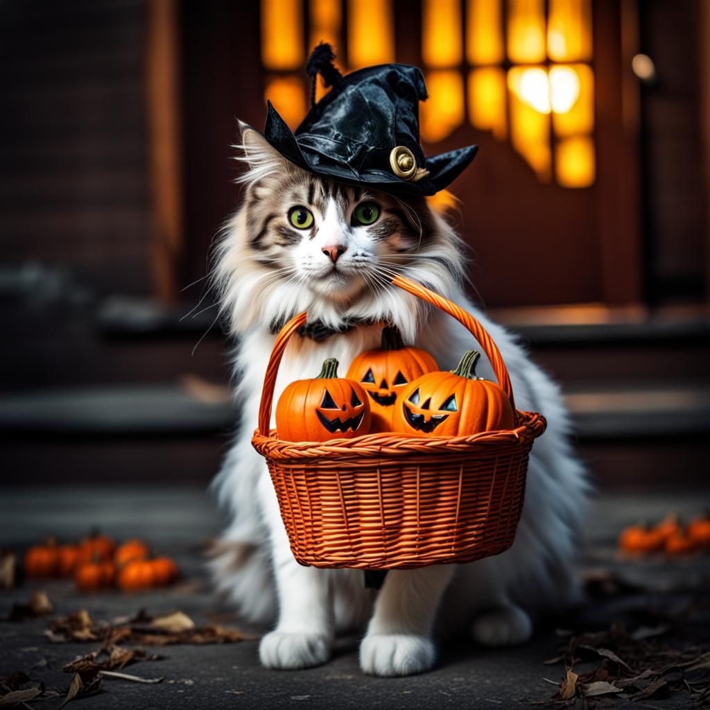 Halloween Cat in Costume with Treat Basket