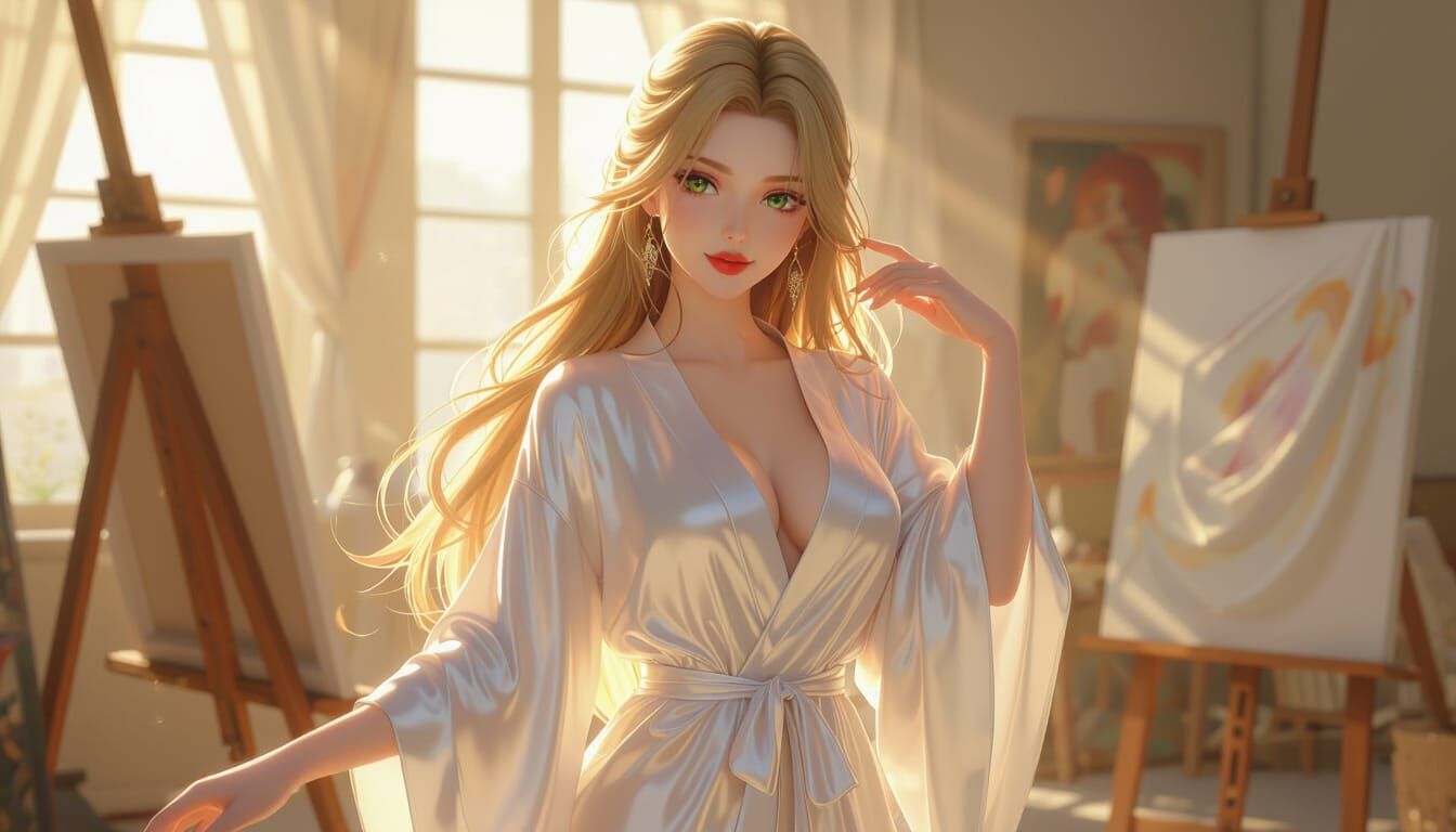 Beautiful Woman Posing in Sunlit Art Studio