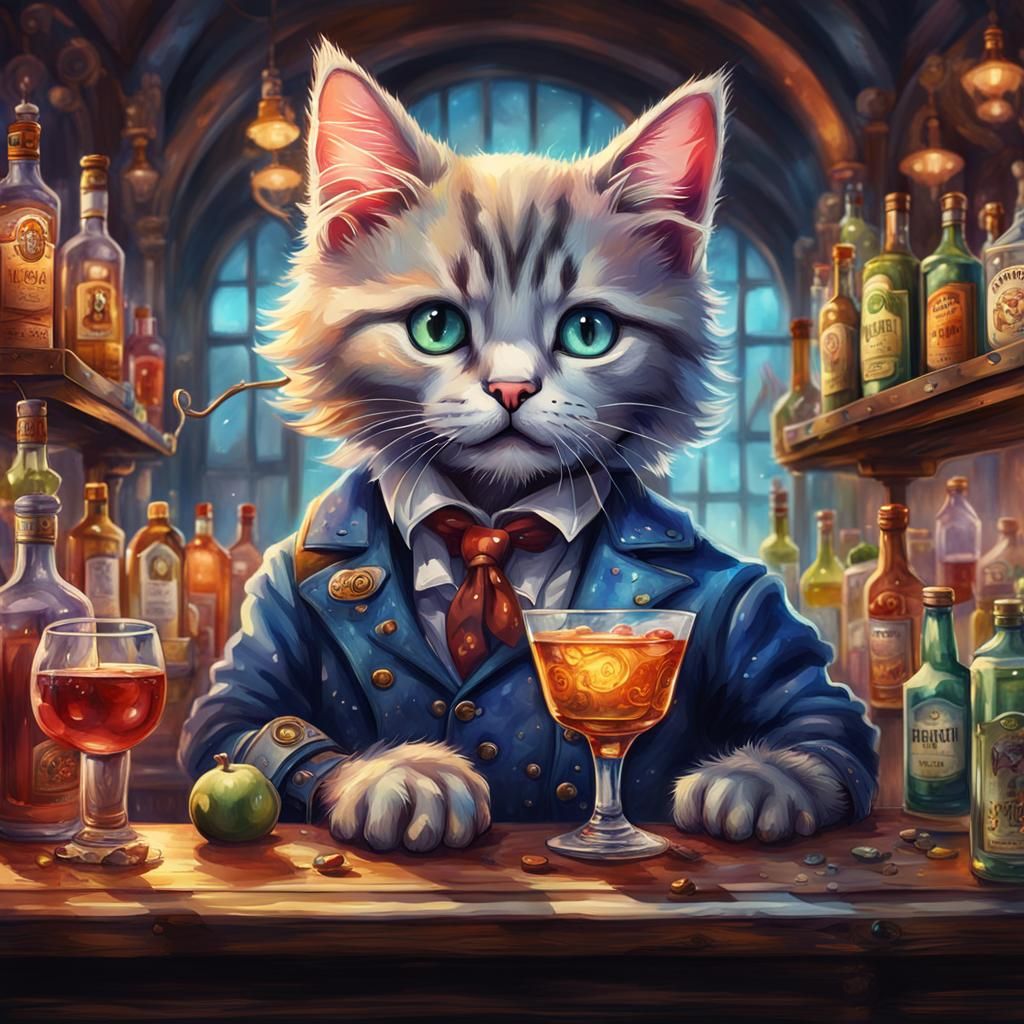 Kitten Bartender in Watercolor Style