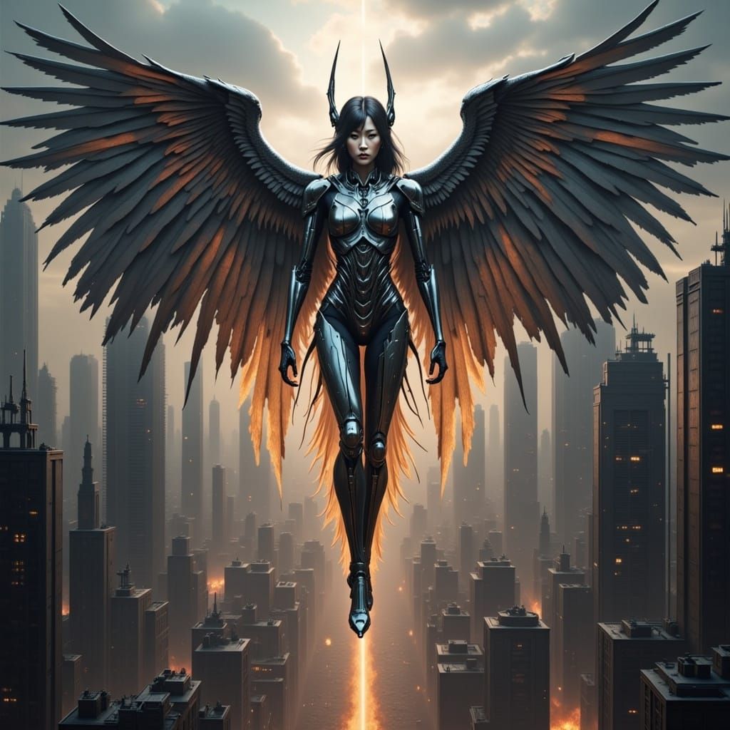 Dark Angel Cyborg soars over Post Apocalyptic City