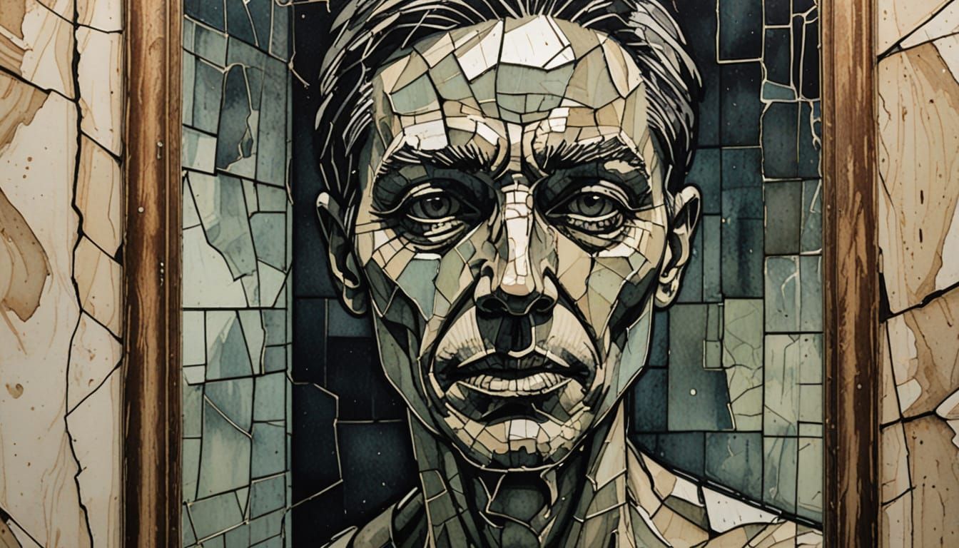 Woodcut Watercolor Of Cracked Mirror Reflecting Distorted Fa...