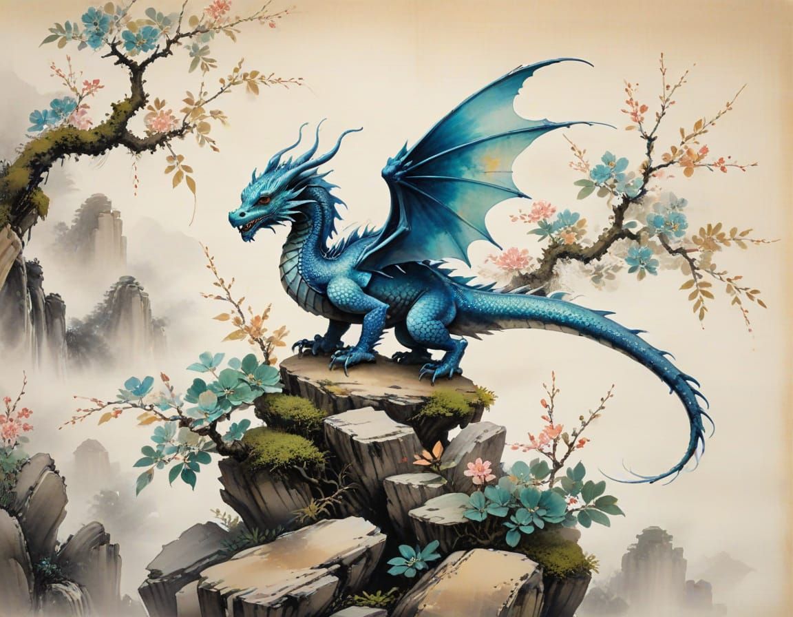 Winged Dragon on Bonsai Tree in Chinese Ink Painting