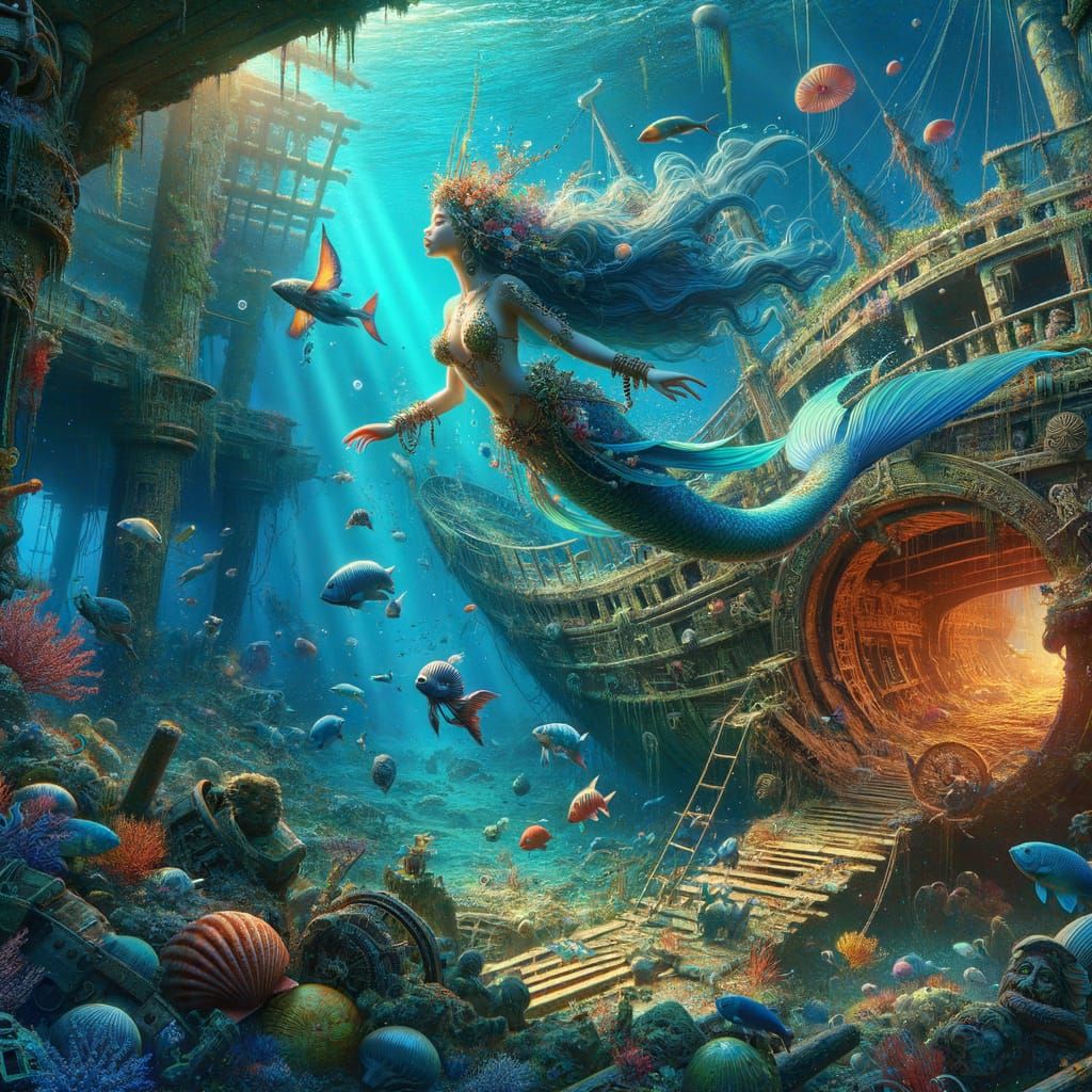 Surreal Underwater Fantasy with Mermaid and Sunken Ship Trea...