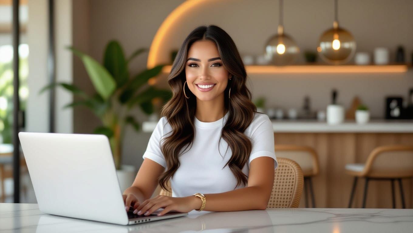 Woman in Minimalist Futuristic Office with Tropical Elements