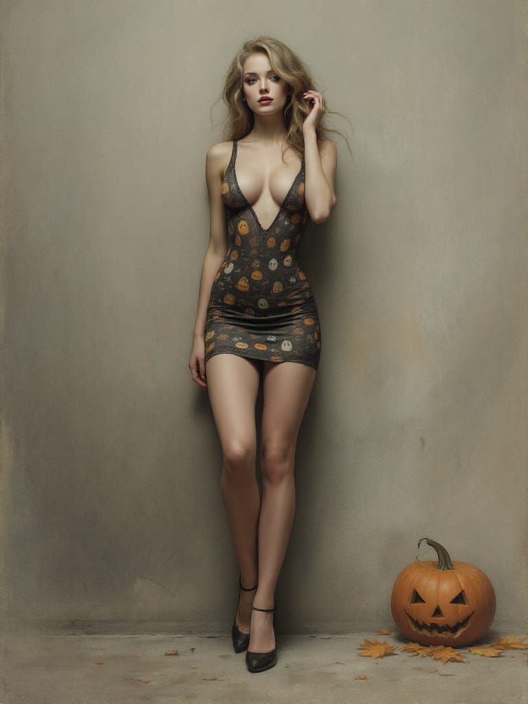 Pinup Woman in Halloween Costume as Vintage Regionalist Pain...
