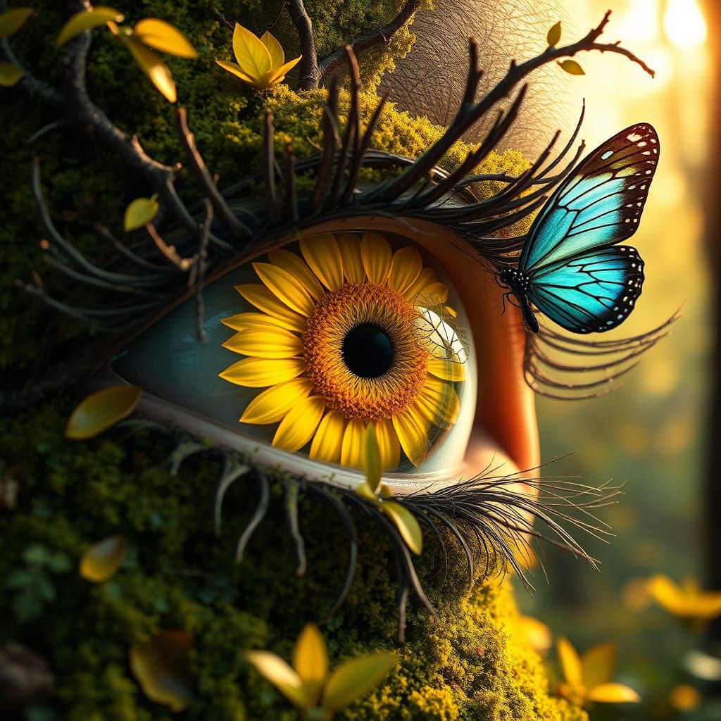 Surreal Eye with Branch Lashes and Sunflower Pupil