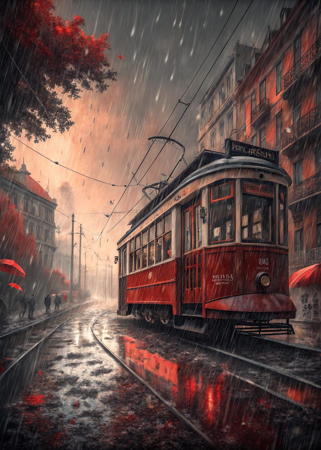 Red Tramway in Stormy Watercolor Style