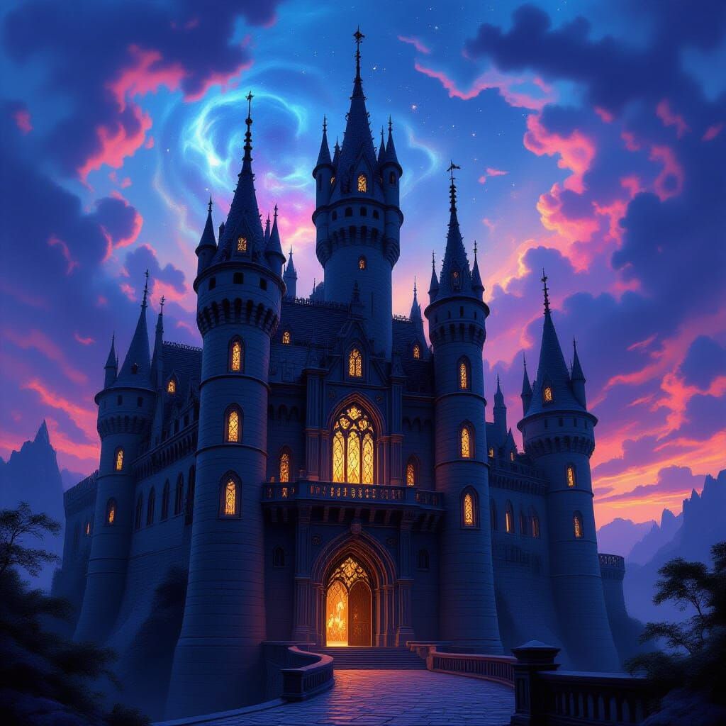 Gothic Castle Silhouette Against Twilight Sky