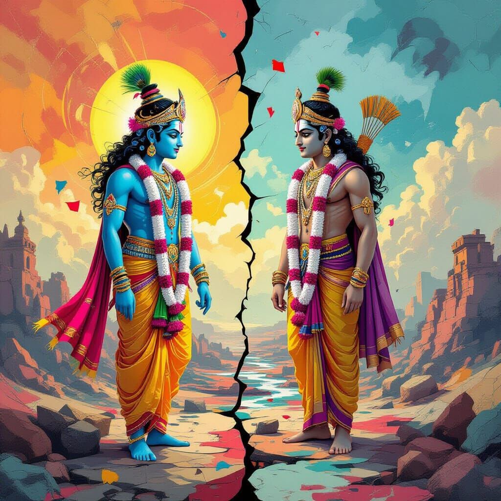 Shri Krishna vs Shri Rama in Fractured Digital Art