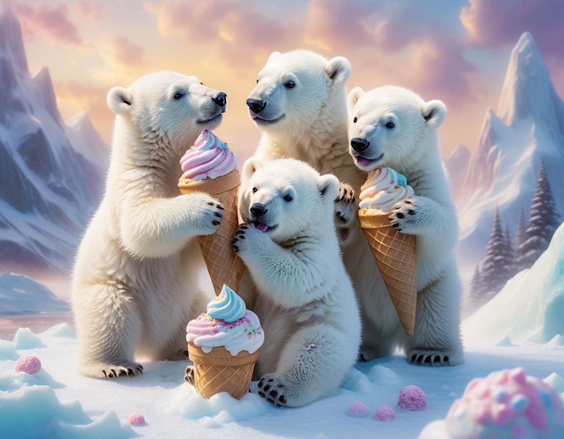 Polar Bear Cubs Play on Ice Cream Cone