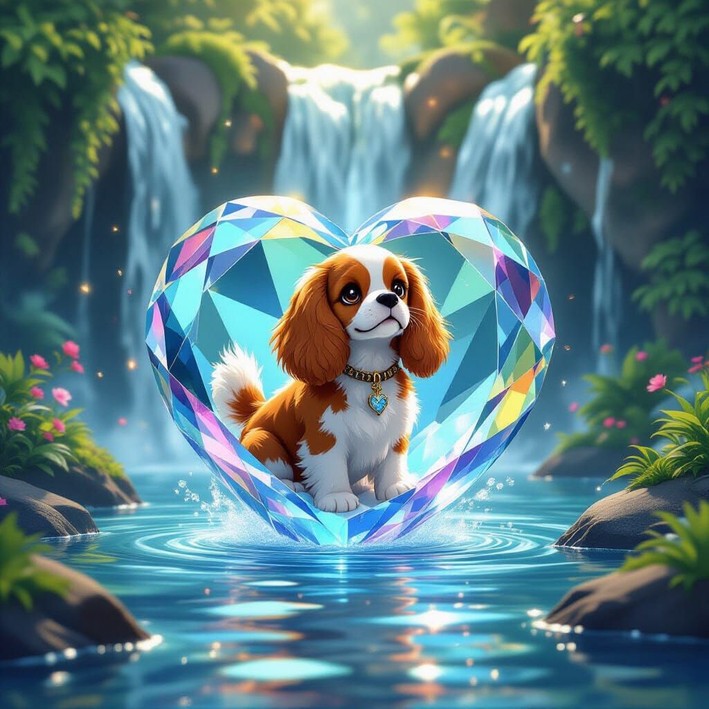 Crystal Waterfall with Cocker Spaniel in 3D Anime Style