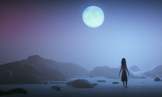 Lone Girl in Desolate Moonscape, Art Nouveau Style