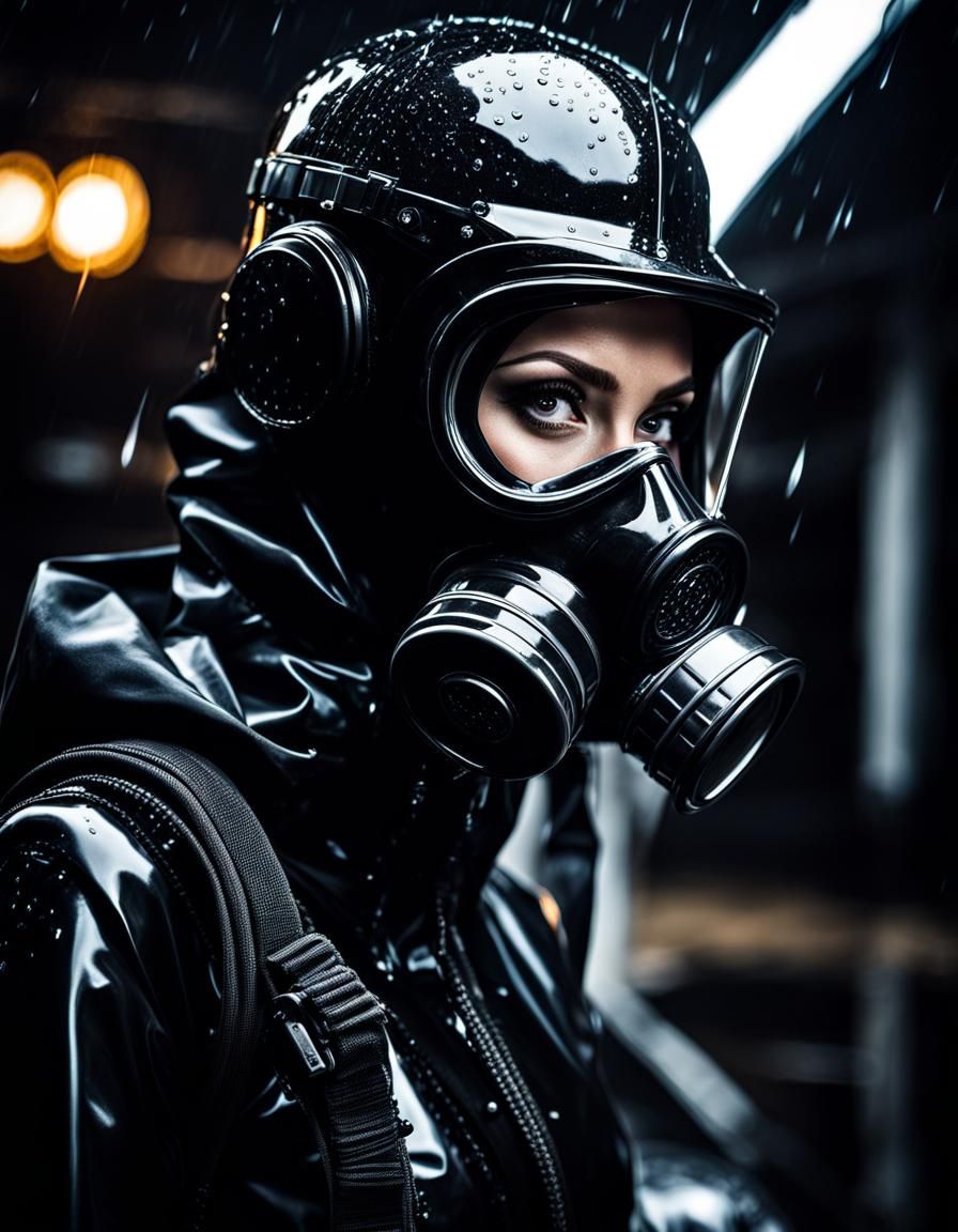 Woman in Rubber Outfit and Gas Mask in Rain