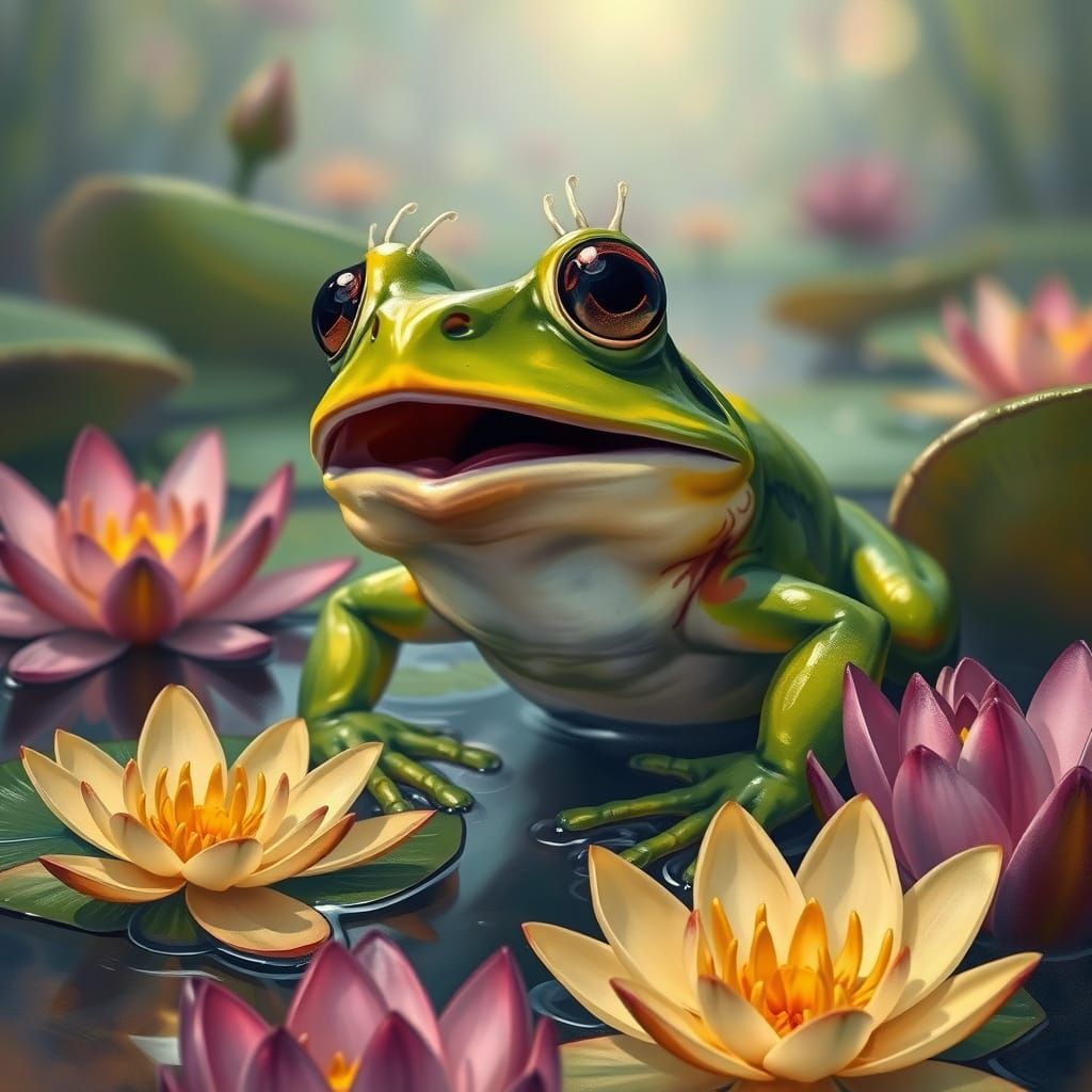 Startled Frog Gasping Among Lilies