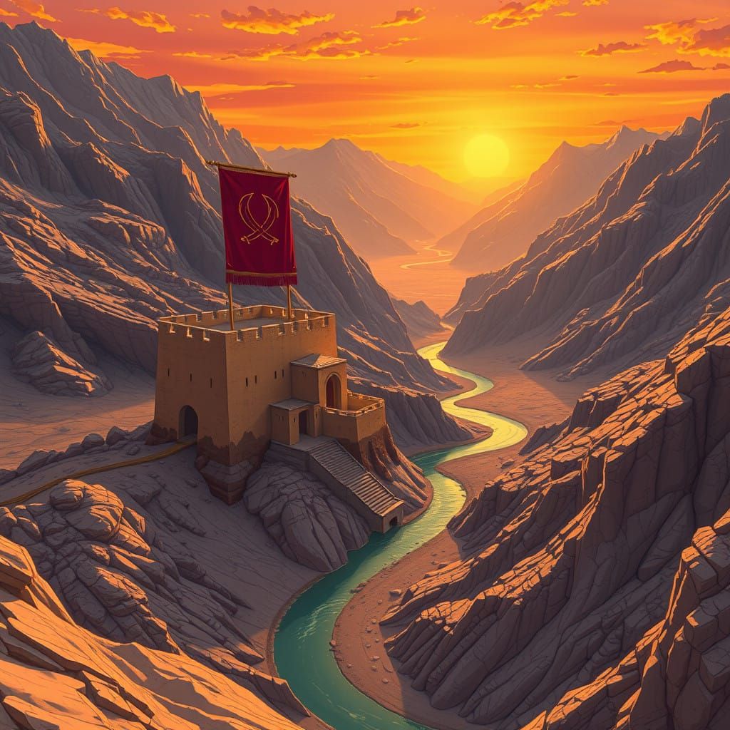 Central Asian Fortress in Vibrant Anime Style
