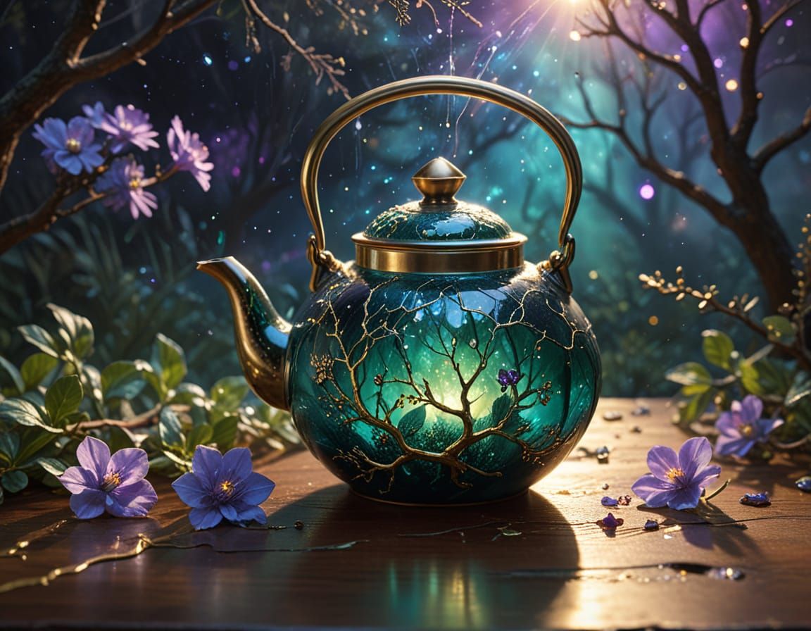 Cracked Teapot with Bioluminescent Flowers in Prismatic Styl...