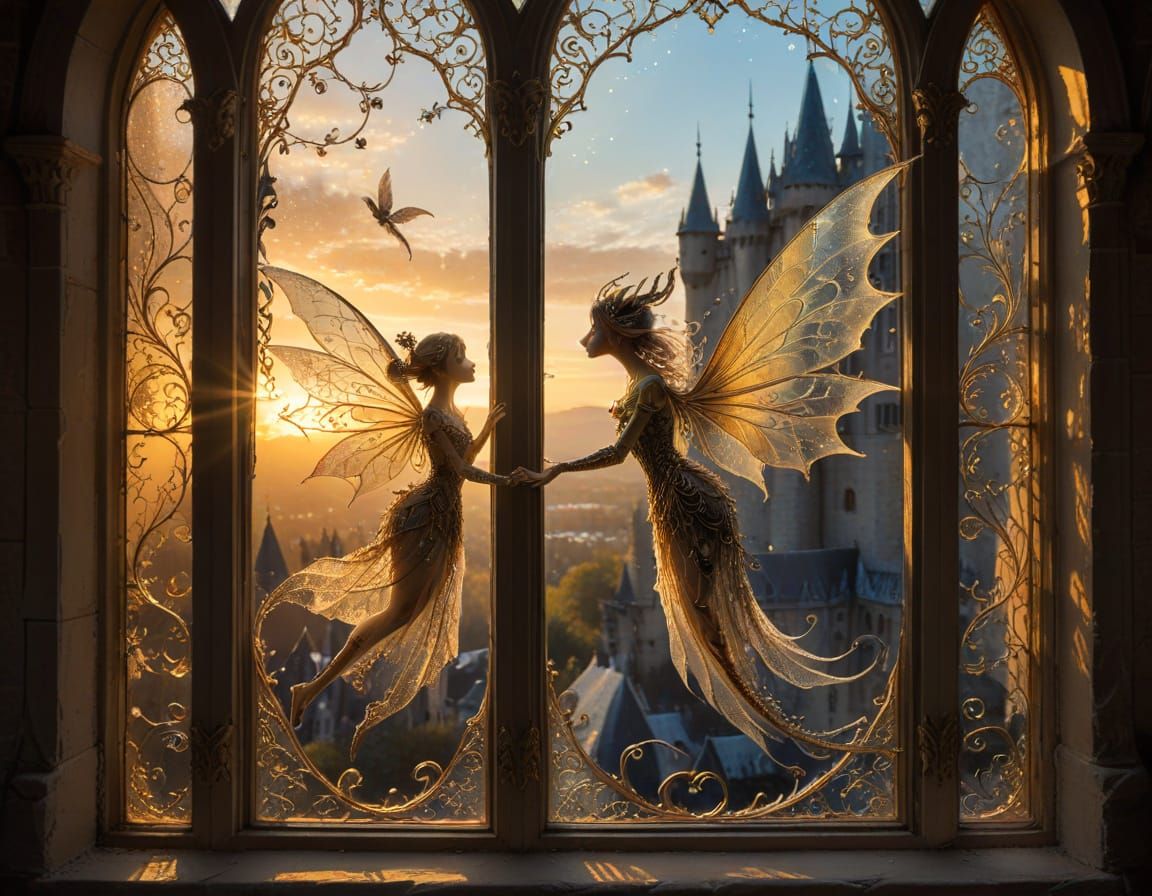 Fairy Observes Whimsical Scene from Castle Window in Whimsic...
