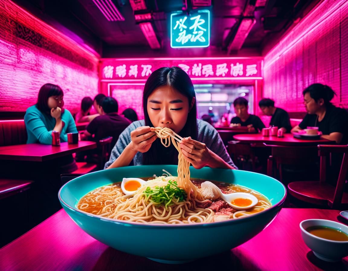 Woman Enjoys Ramen Under Neon Lights
