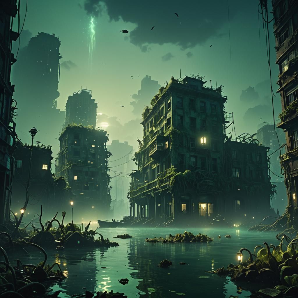 Eerie Underwater City Ruins in Cinematic Style