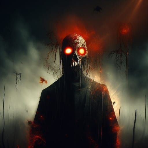 Ethereal Boy with Glowing Eyes in Haunting Red Aura