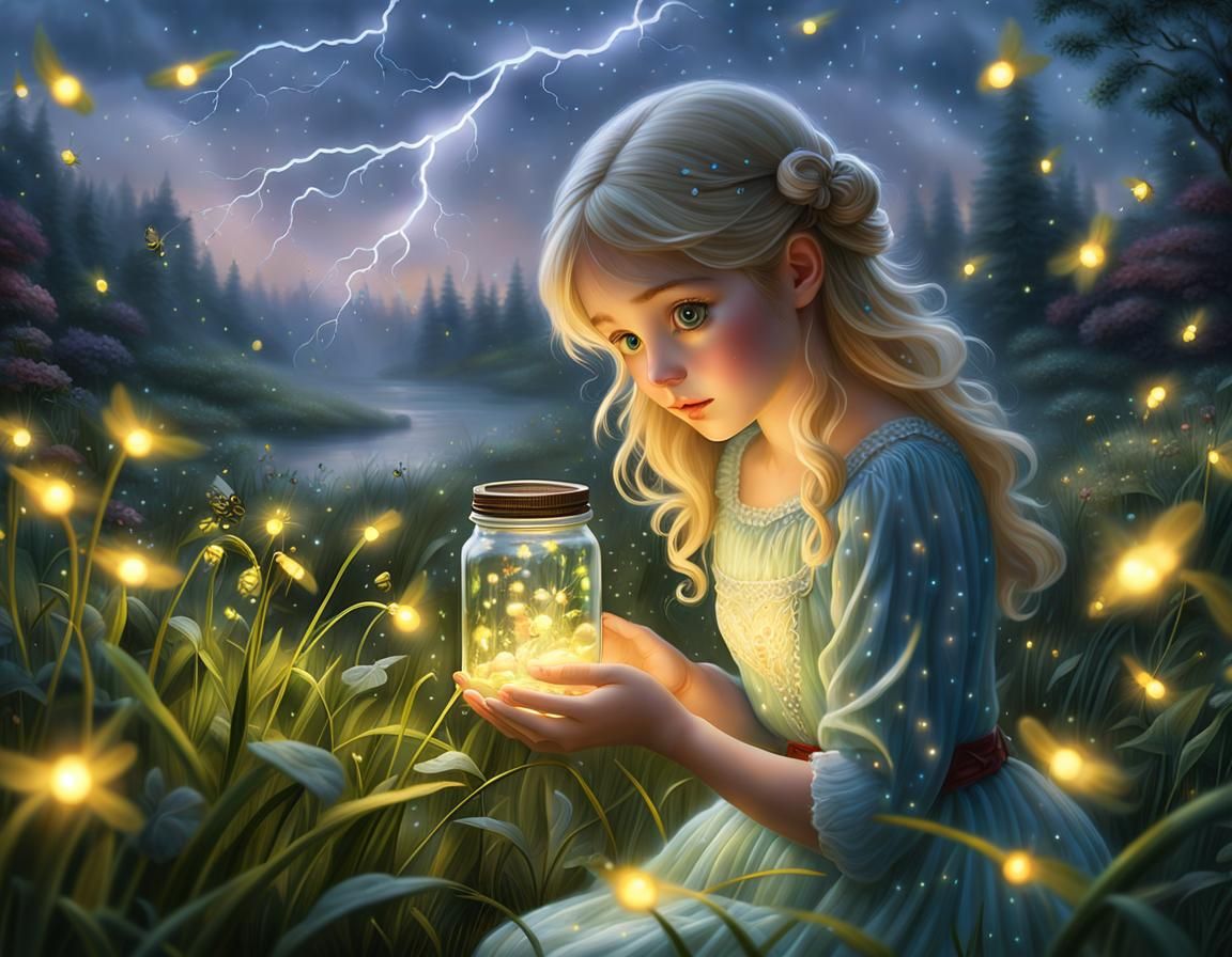 Ethereal Fantasy: Girl and Kitten Catching Fireflies