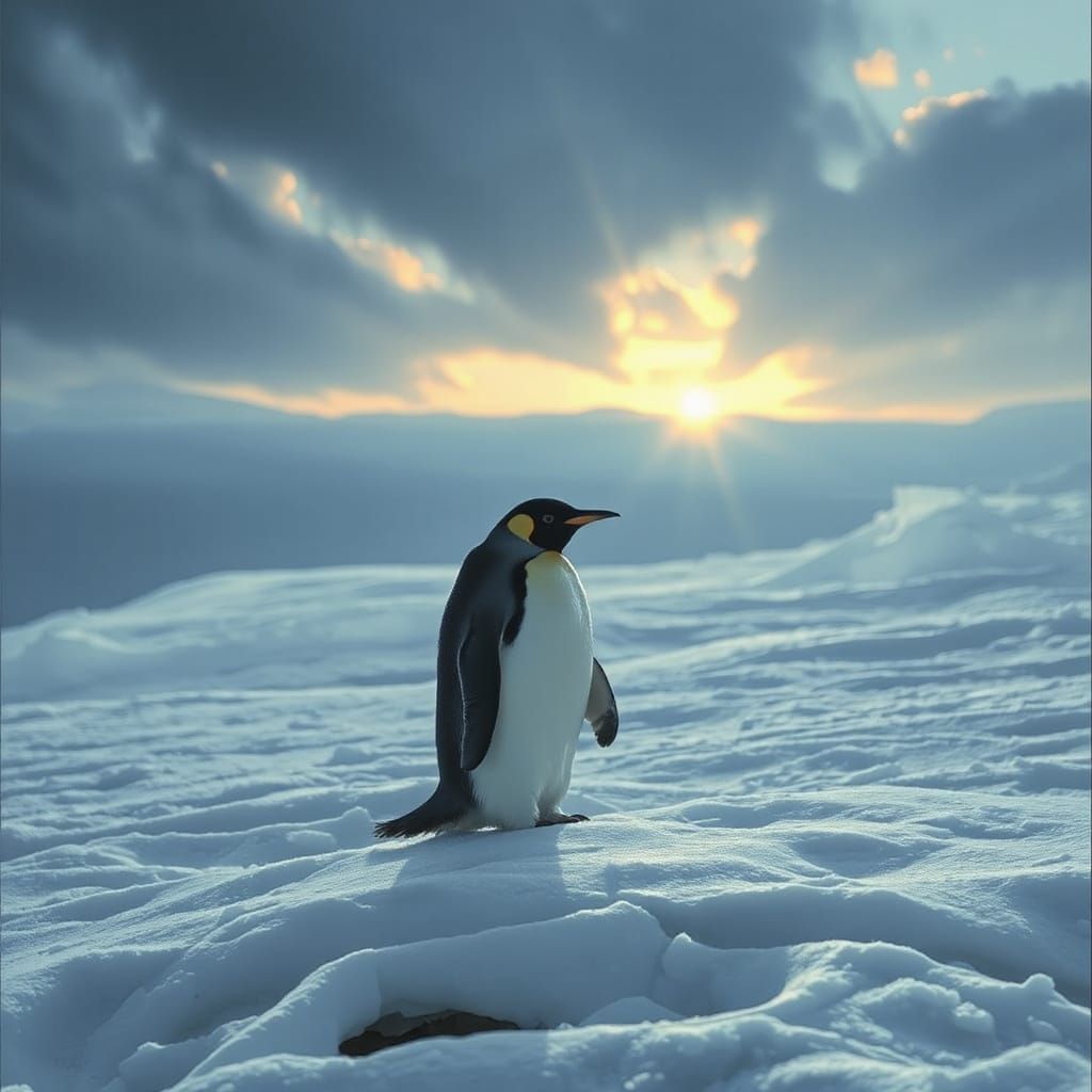 Lone Emperor Penguin in Icy Landscape