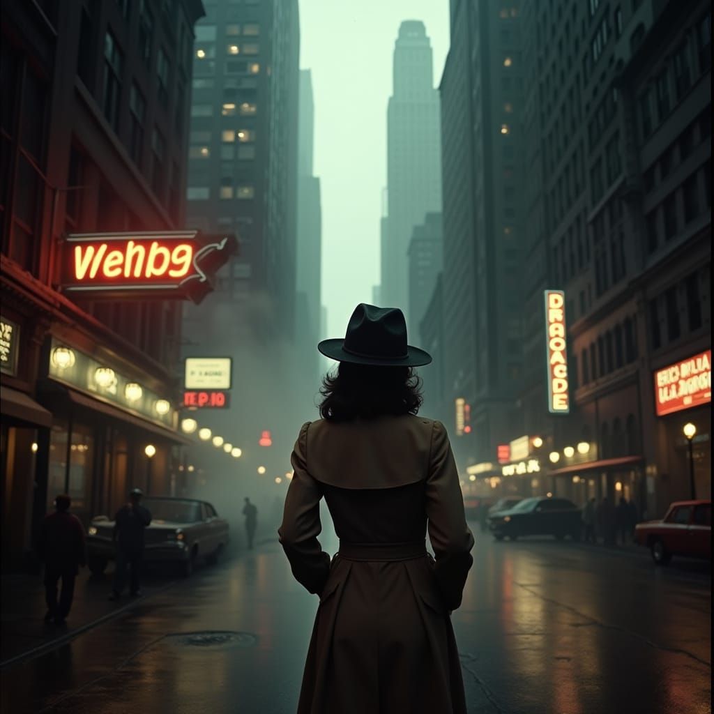 Moody Film Noir Woman Stands Alone on Rainy City Street